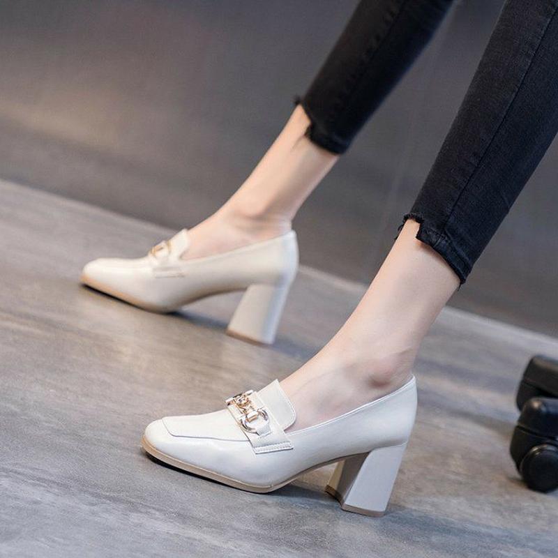 FHC New Soft Women Pumps,High Heels,Loafers Shallow Shoes,Square Toe,Slip On,British Style,Black,Beige,Dropship