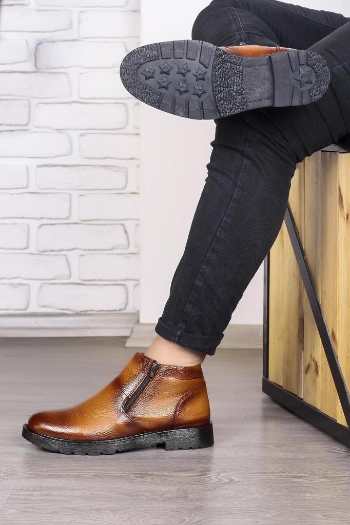 Men's Fashion Genuine Leather Flat Heeled Boots Bootie Chelsea Non-Slip Sole Zippered Casual Boots Black Shoes