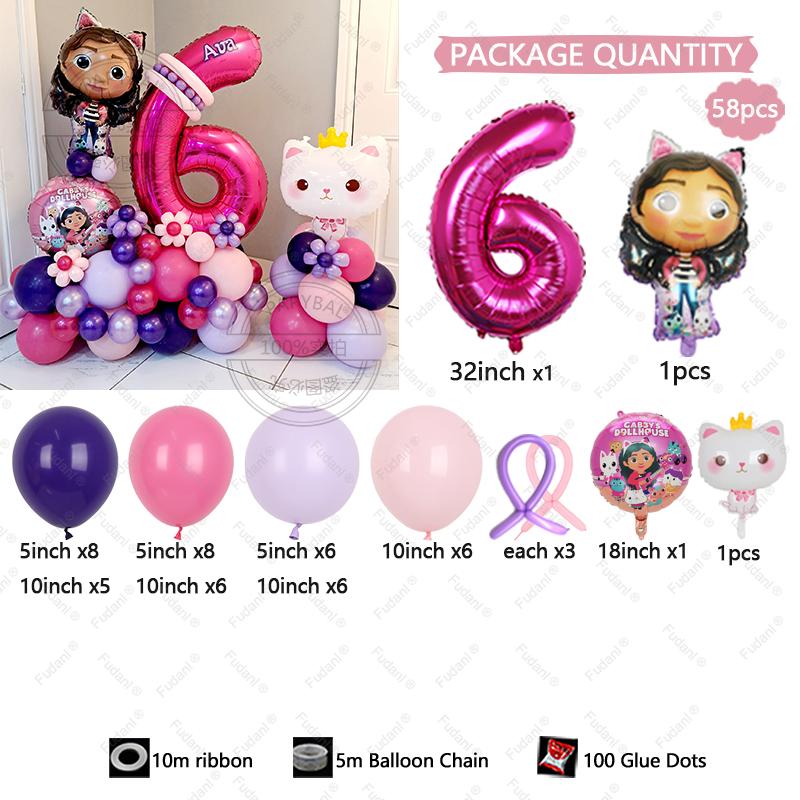 58pcs Cute Gabby Dollhouse Cats Theme Balloon Children's Birthday Party Decoration Latex Foil Ball Girl Gabby's Doll Balloon Toy