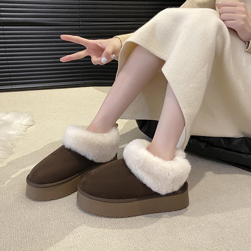 

2025 новые женские зимние ботинки на толстой подошве, цельнолитые, с мехом, ленивые пушистые туфли на одной педали, удобные и модные короткие ботинки 43 темно-коричневого