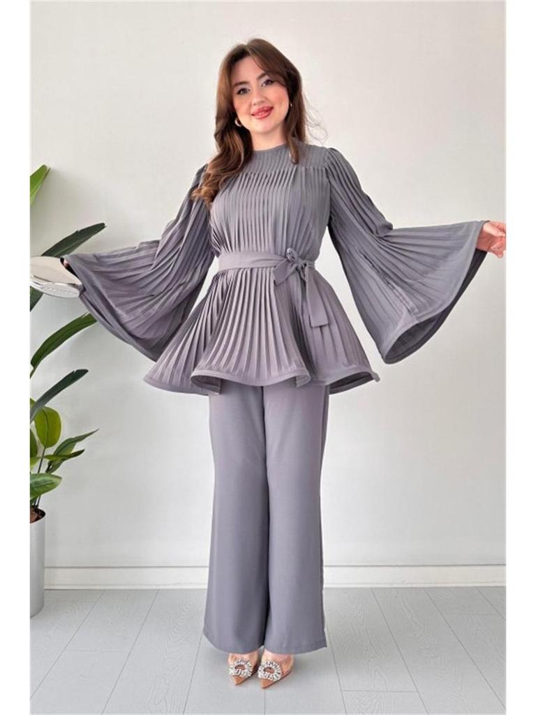 Nuovo Set Moda Donna 2024: Top Pieghettato con Lacci e Pantaloni a Gamba Larga