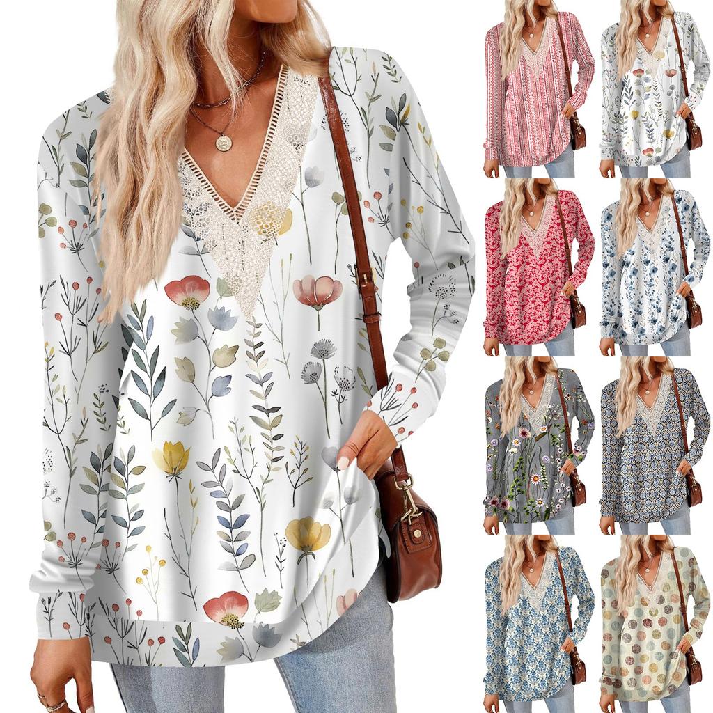 Womens Tops Loose V-neck Contrast Color Split Loose Long Sleeve T-shirt Women's Tops