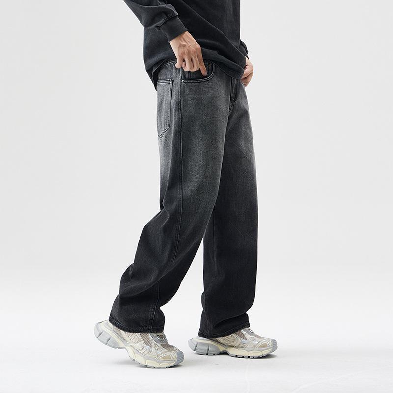 American black high street gradual change jeans men's autumn and winter tide brand loose washed straight pants old scimitar wide leg pants
