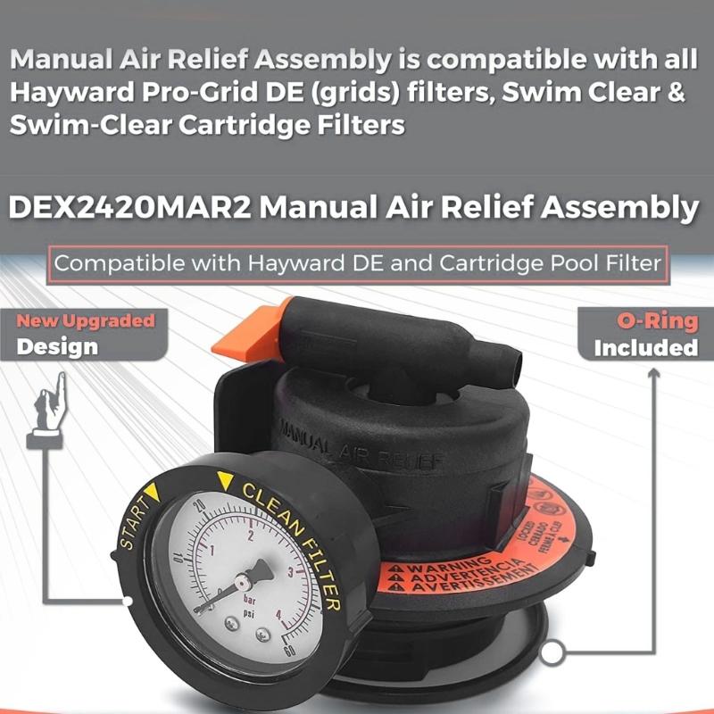 High Efficiency Valves Replacement Manual Air Relief Assembly for Cartridge Pool Filter Includes Pressure Gauge
