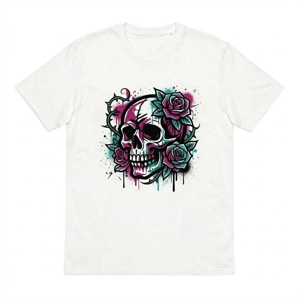 Skull and Roses Graphic T-Shirt - Edgy Tattoo Art Streetwear Tee S разноцветный
