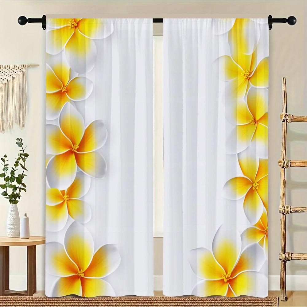 2Pcs Curtain Yellow And White Plumeria Flowers Window Drapes For Bedroom Living Room Decoration Window Treatment.
