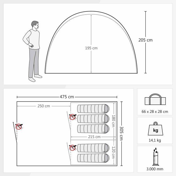 Tente de camping - JUSTCAMP - Z3598 - 5 Personnes - Imperméable - Tunnel avec auvent