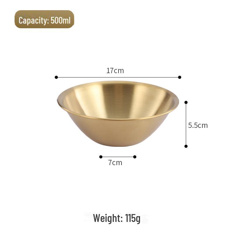 

Корейская миска из нержавеющей стали золотистого цвета — для салатов, десертов, горячих блюд, гарниров и соусов.