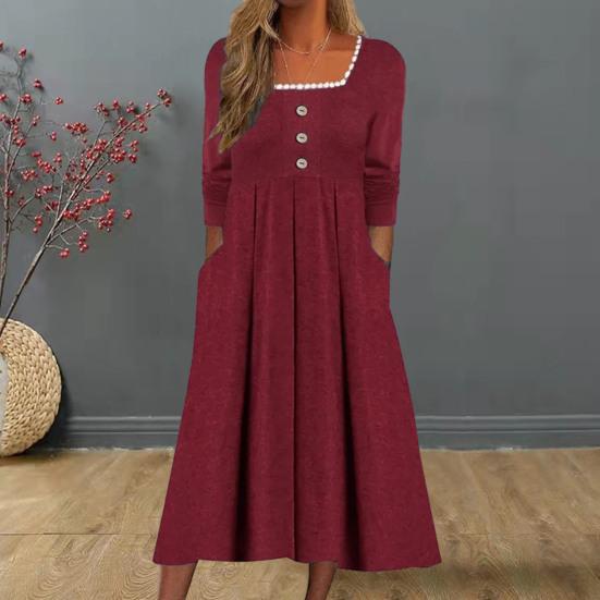 

Женское платье миди с квадратным воротником, кружевным вырезом и длинными рукавами, пуговицами, декором, карманами, свободное платье трапециевидной формы по краю, уличная одежда