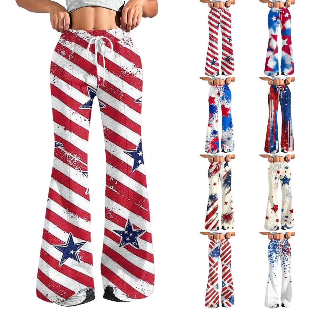Women's Fashion Loose Drawstring Tight Waist Independence Day Printed Casual Sports Pants Casual Flared Pants