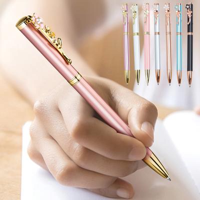 Penna a sfera in metallo lucido, retrattile, liscio, per scrivere, cancelleria, carino, perle finte, fiori di pesco, con clip, per scrivere, penna, materiale scolastico
