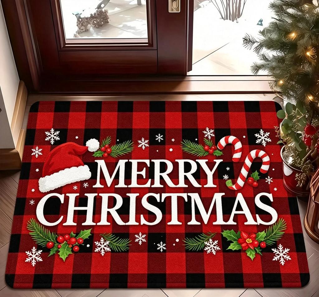 Home Plaid Christmas Rug Red Black Checkered Pattern Wreath Pinecone Snowflake Non Slip Soft Carpet For Winter Entryway Decor