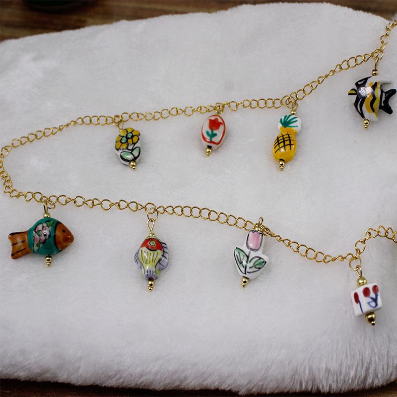 2Pcs Painted Handmade Ceramic Pendants Stainless Steel Eye Pin Tulip/Animal Charms for DIY Necklace Earrings Jewelry Accessories