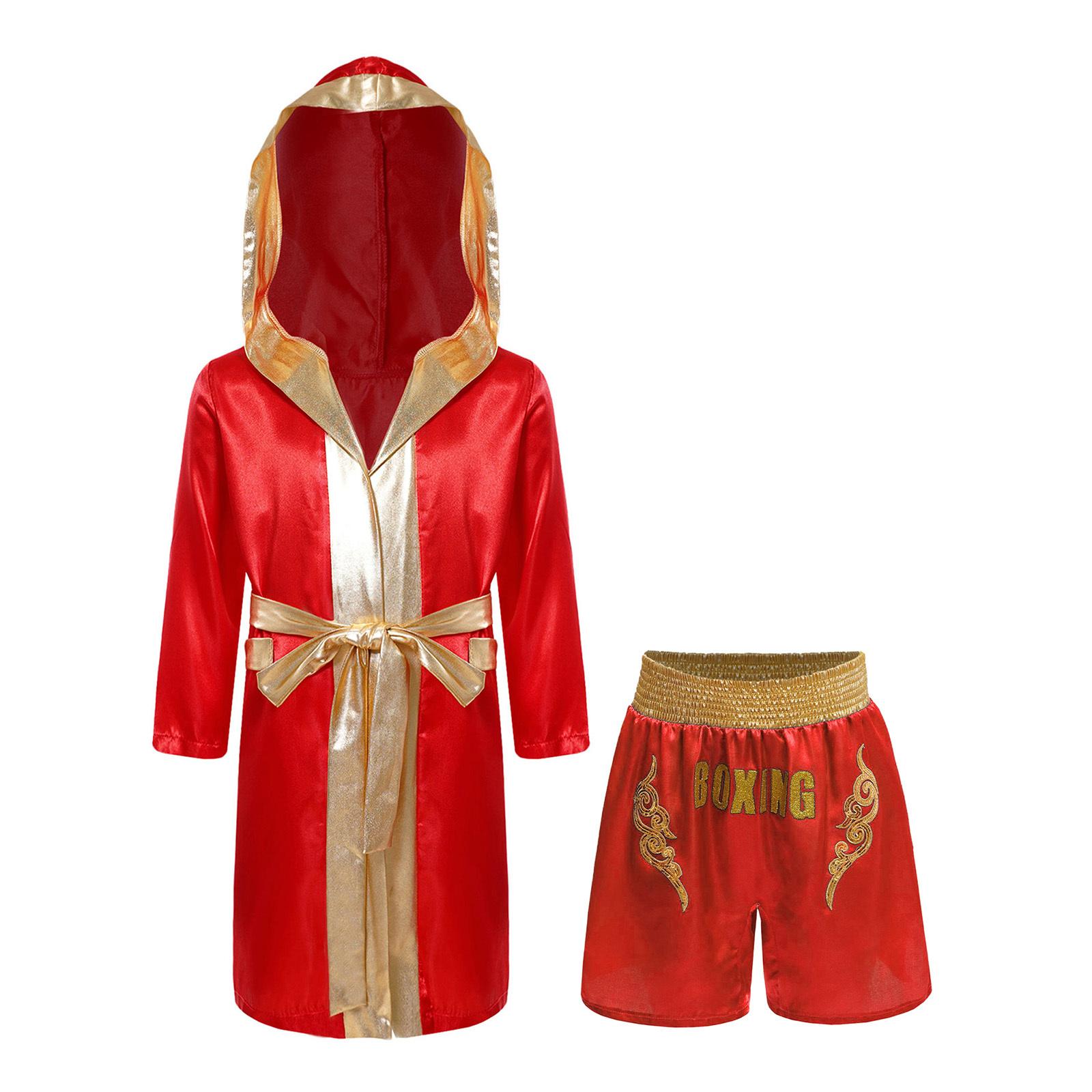 

Boys Boxing Costume Satin Hooded Robe Long Sleeve Open Front Shiny Letter Printed Boxer Shorts Belt 5-6 Years бордовий