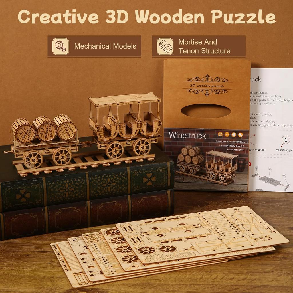 Hallisun 3D Wooden Puzzle for Ages Assembly Wine Moving Mechanical DIY Mechanical Wooden Vintage Home Birthday Illustrated Assembly Instructions 278