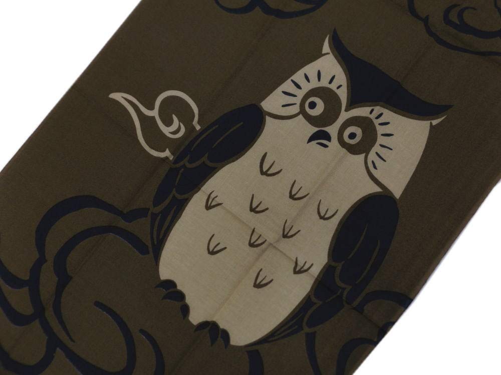 Hand Towels with Auspicious Japanese Design Featuring an Owl On a Khaki Suitable for Men and Suitable for Kimono and Japanese-made (fukurou)