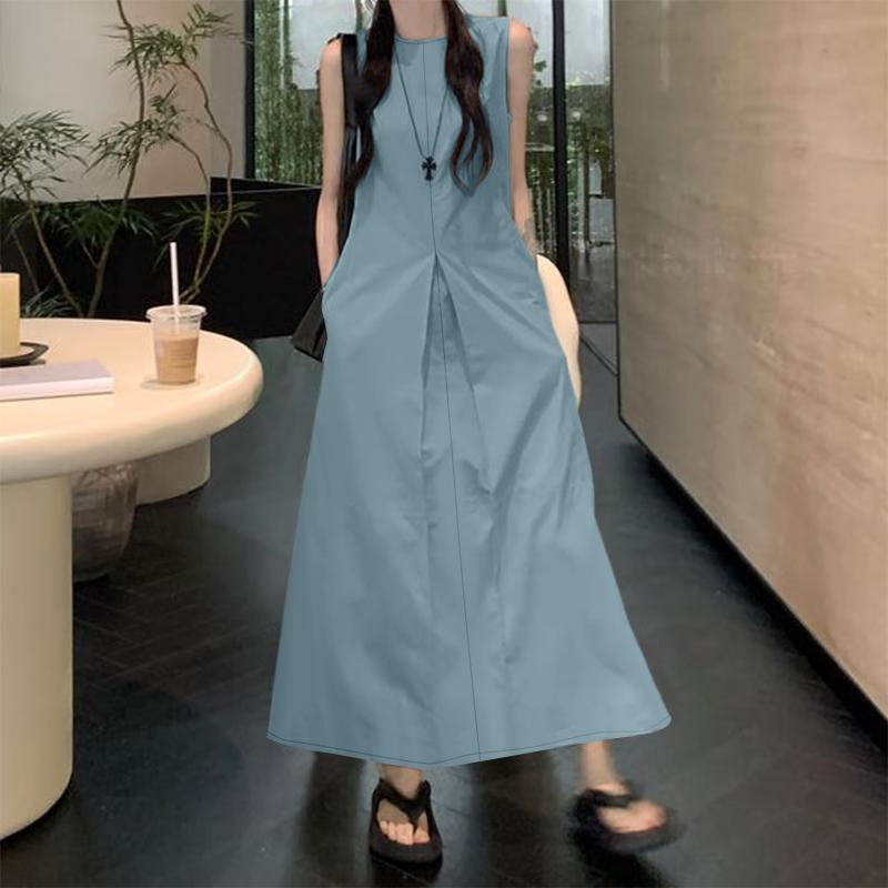 ZANZEA Women Casual Round Neck Sleeveless Summer Long Dress 2XL синий