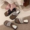 Fashion Square Toe Metal Slip-on Lace Breathable Flip Slippers Women's Xia New Outside Wear Anti-Slide Heel Sandal Slippers