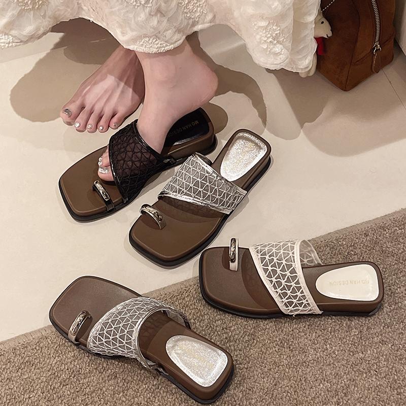 Fashion Square Toe Metal Slip-on Lace Breathable Flip Slippers Women's Xia New Outside Wear Anti-Slide Heel Sandal Slippers