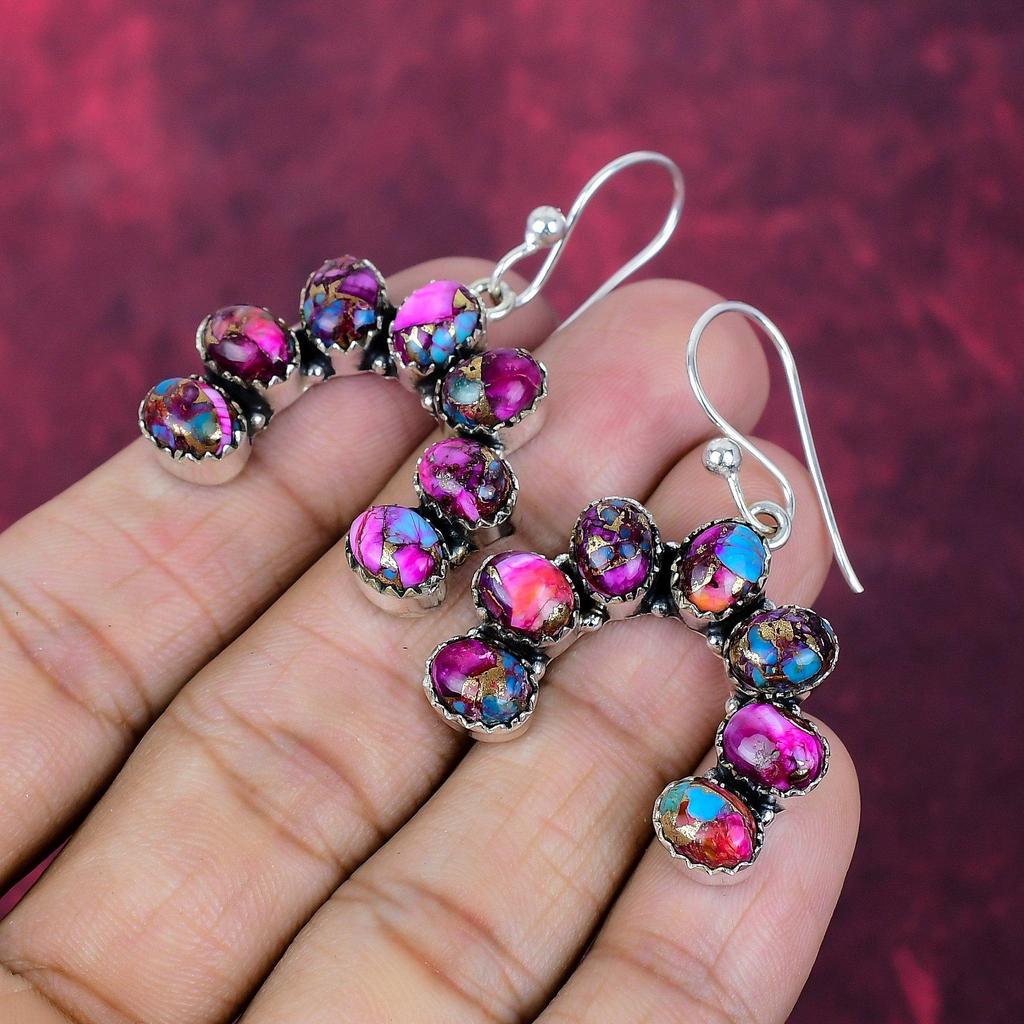 Pink Spiny Oyster Handmade Gemstone Earrings, 925 Solid Sterling Silver Earrings Antique Jewelry, For Wedding Gift