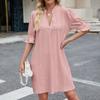 Women's Loose Casual Color Five Quarter Sleeve V-neck Loose Dress Fashionable Dress