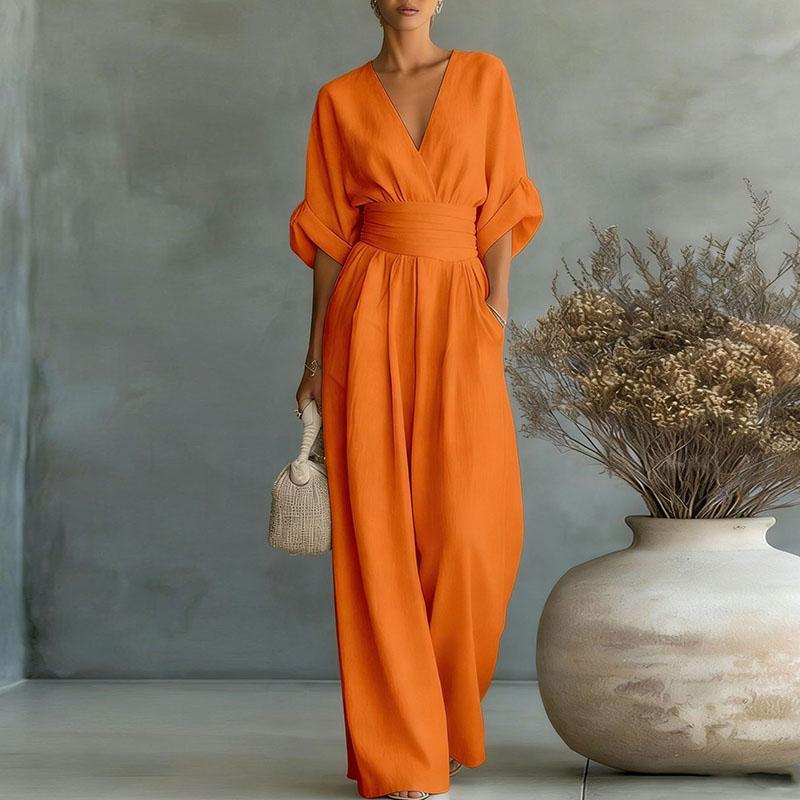 2026 Diepe V-hals Dames Jumpsuits Elegante Effen Hoge Taille Rompers Casual Wijde Pijpen Broek Zak Overalls Vakantie Outfit Los