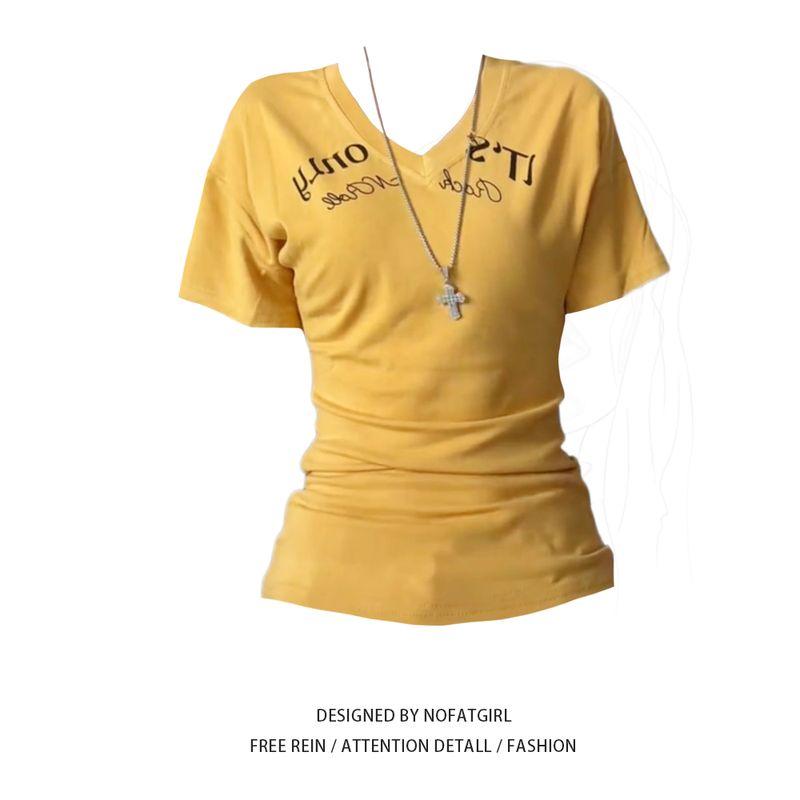 

Plus size Chubby Girl American Gyaru V-neck Letters Print Short sleeve T-shirt Women Summer Waist Hugging Tight Slimming Short Top Black Top L