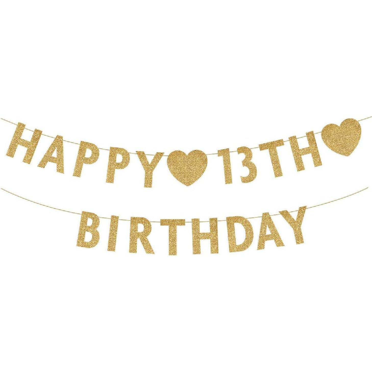 Rose Gold 13th Birthday Banner, Glitter Happy 13 Years Old Boy or Girl Party Decorations, Supplies GOLD-HAPPY