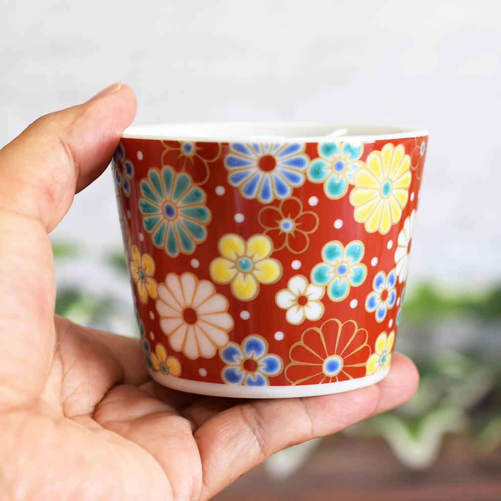 Waza no Kura Stylish Kutani Ware Soba Choko (Soba Cup) with Plum and Chrysanthemum Crest, Ceramic, Brand Name, Japanese Tableware, Made in Japan