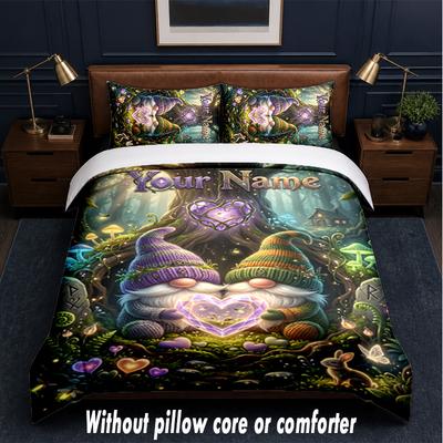 Gnome Theme Custom Text Or Name 3Pcs Bedding Set,1 Flat Sheet & 2 Pillowcases Personalized Home Bedding