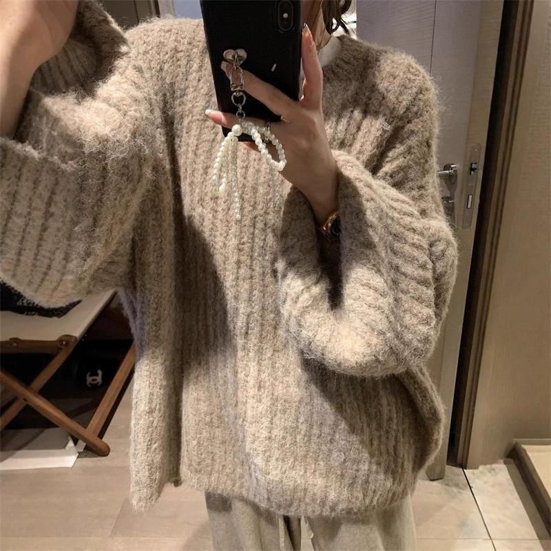 Lazy Style Loose Soft Waxy Round Neck Lantern Sleeve Sweater Women's Autumn and Winter Solid Color Pit Knit Sweater Plus Size Women's Clothing