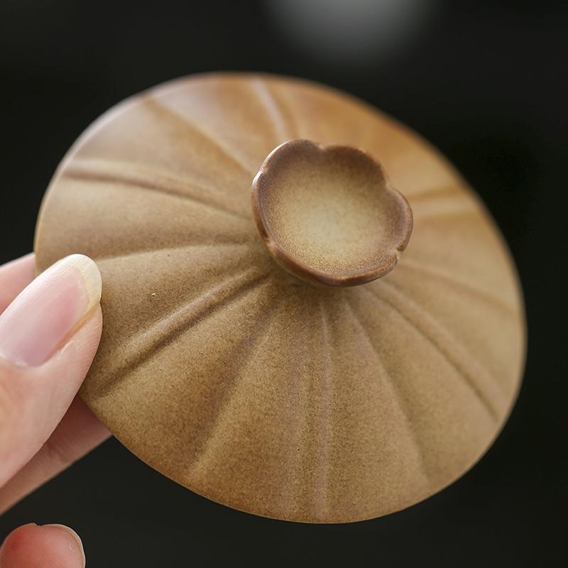 Retro Style Rough Pottery Kung Fu Tea Set, Wood Fired Tea Bowl with Lid, Household Single Sancai Large Kung Fu Tea Tureen