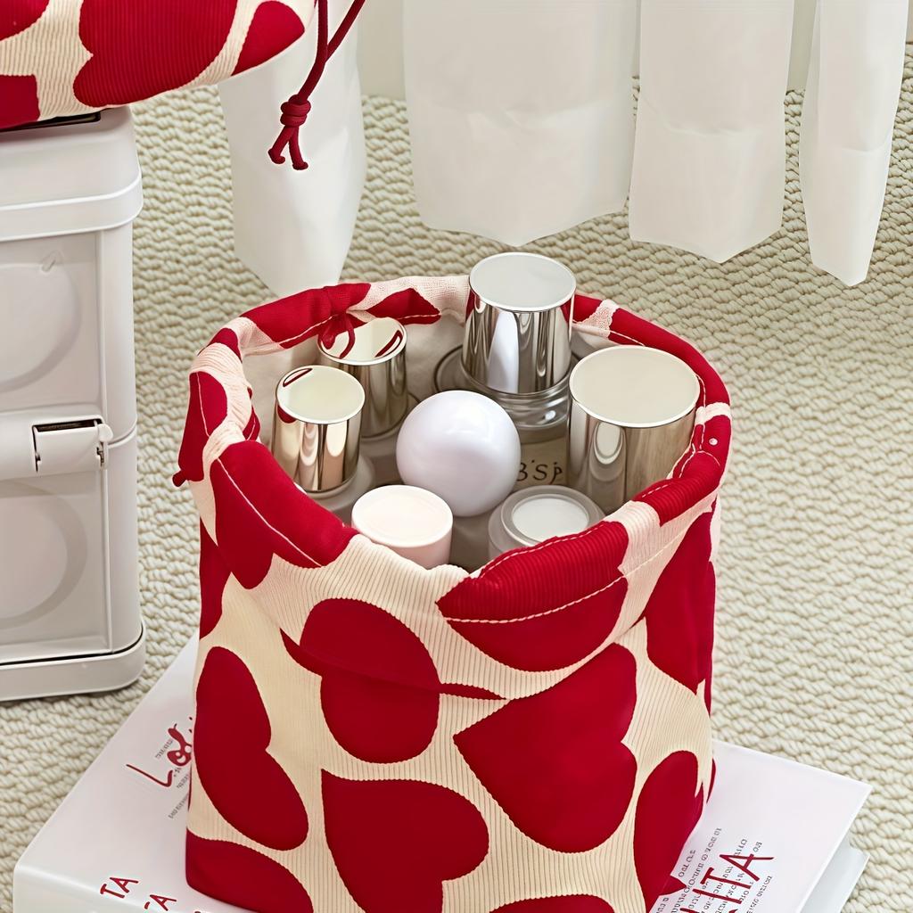 1 pièce Sac à Maquillage Chic Rouge et Blanc à Imprimé Cœur et Cordon de Serrage - Organisateur Compact pour Soins de la Peau, Rouge à Lèvres, Accessoires de Téléphone