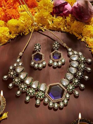 Purple Stone Green Meenakari Austrian Diamonds Necklace & Earring Set For Women