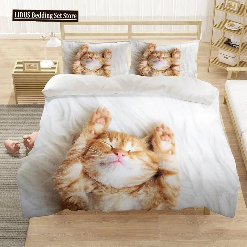 Härligt Sällskapsdjur Katt Sängklädesset Djurtryckta Överdrag Enkelt Dubbelt King Queen Storlek Påslakan Kitty Mönster Polyester Quiltöverdrag