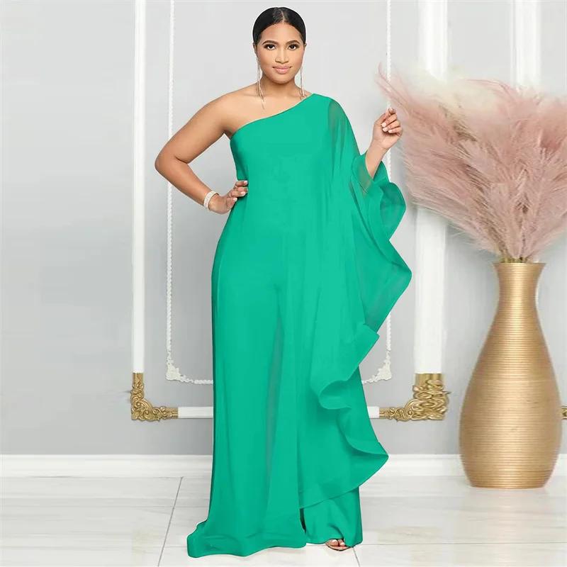 Elegante Chiffon One Shoulder Wijde Pijp Jumpsuit Dames Club Party Verjaardagsoutfits Eendelige Rompers Overalls Combinaison Femme