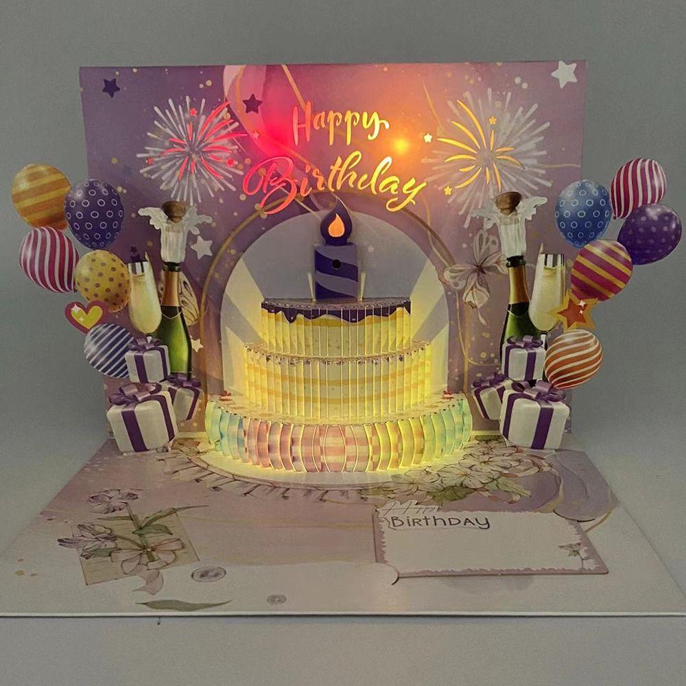 Fireworks Effect Happy Birthday Card Blowable Led Candle Birthday Cake Postcards  Mom