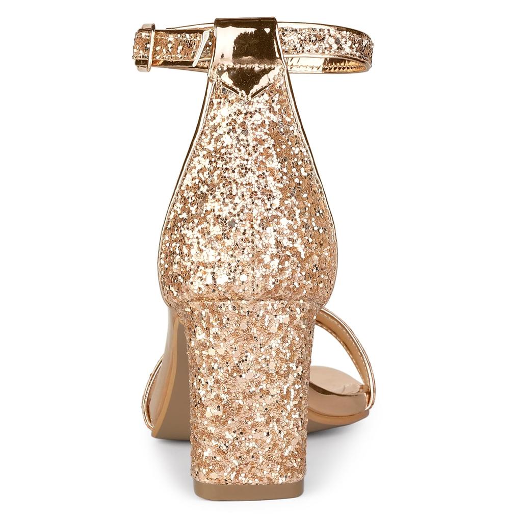 Allegra K Women's Open-Toe Ankle Strap Sandals with Shiny Chunky Heels, Rose Gold, Size 25.5cm