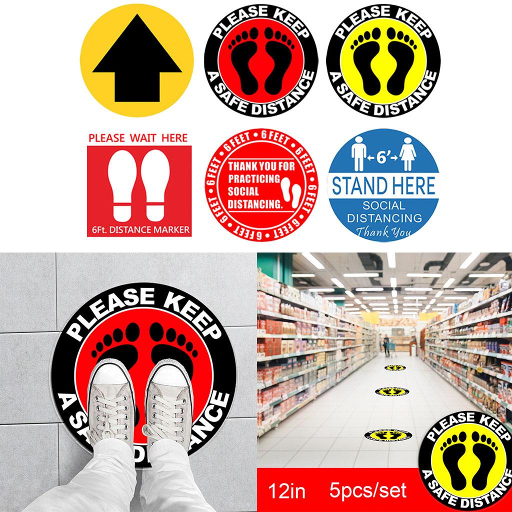 5pcs Social Distancing Safety Floor Decals Stickers, 6 Ft Stand Here Wait Here Notice Queue Caution A