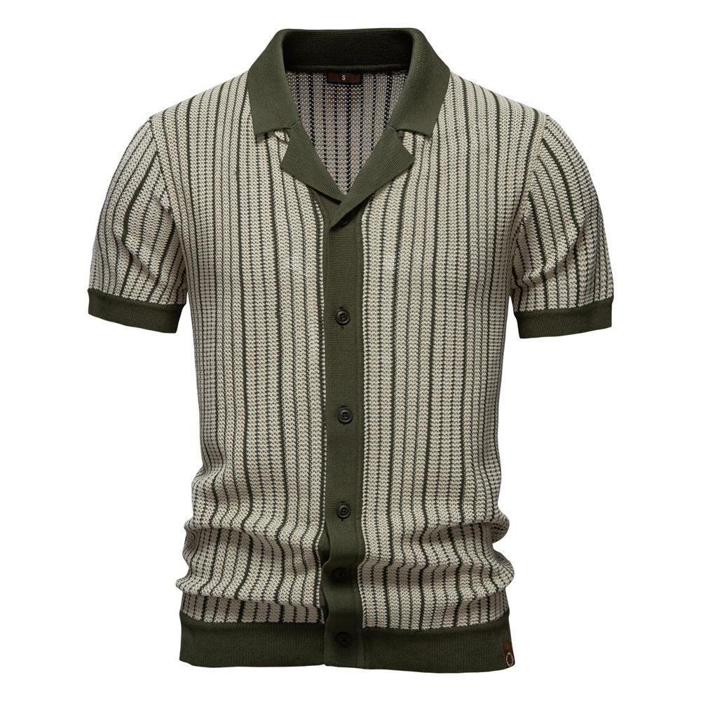 Summer New European And American Foreign Trade Men'S Short-Sleeved Knitted Polo Striped Fashion Business Polo Shirt Men