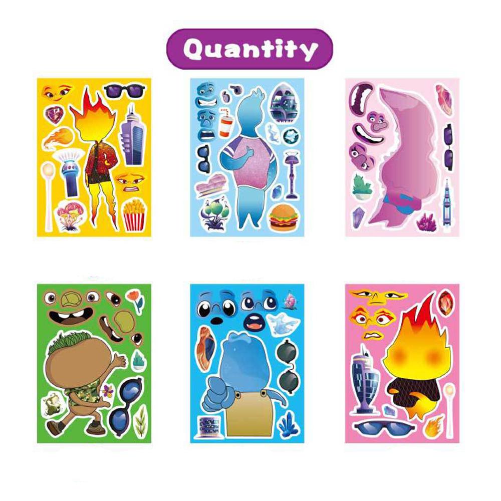 6/12sheets Funny Elemental Puzzle Stickers Children Make a Face Assemble Jigsaw Decal DIY Cartoon Toy Boys Girls Party Game Gift
