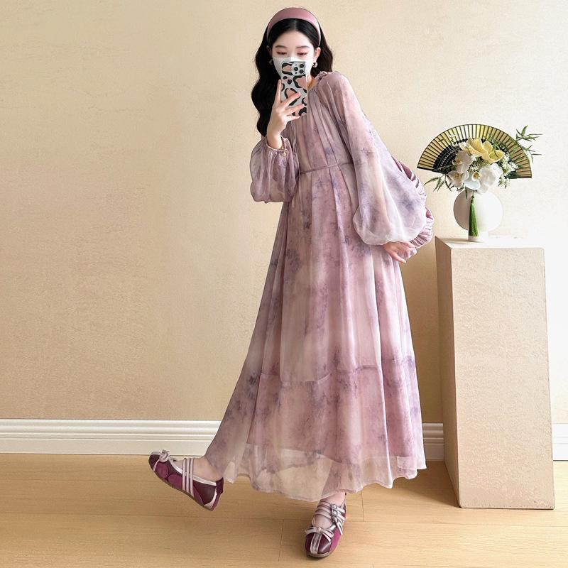 Romantic Retro Ink Painting Maternity Dress: 2026 Spring/Summer Loose Fit for Expecting Moms XL