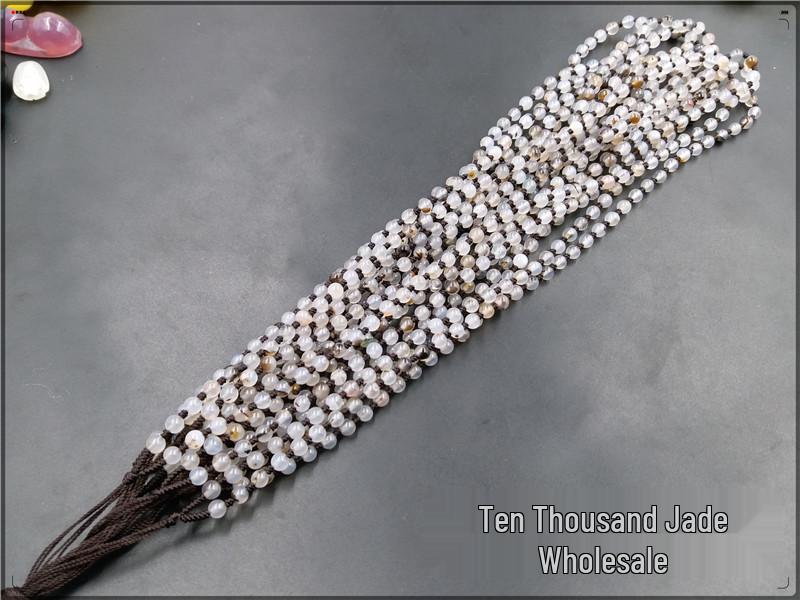 Chalcedony Agate Round Bead Necklace with Braided Hanging Cord, 4-5mm Chain