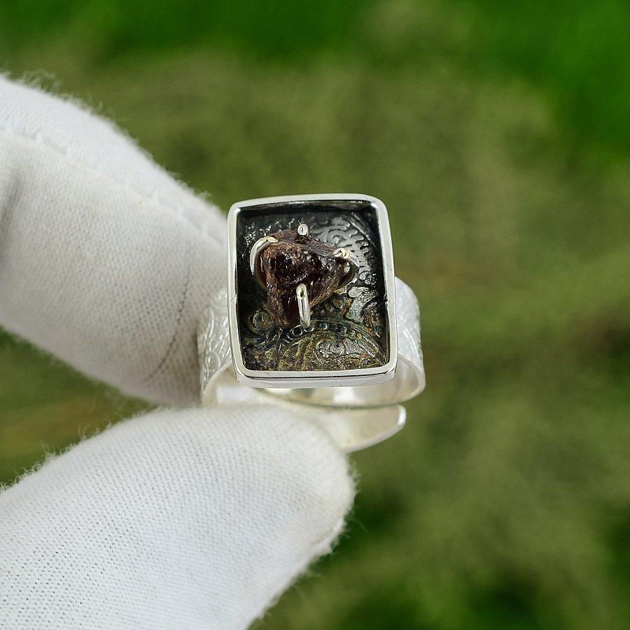 Natural Smoky Rough Gemstone Promise Adjustable Ring 925 Silver For Women
