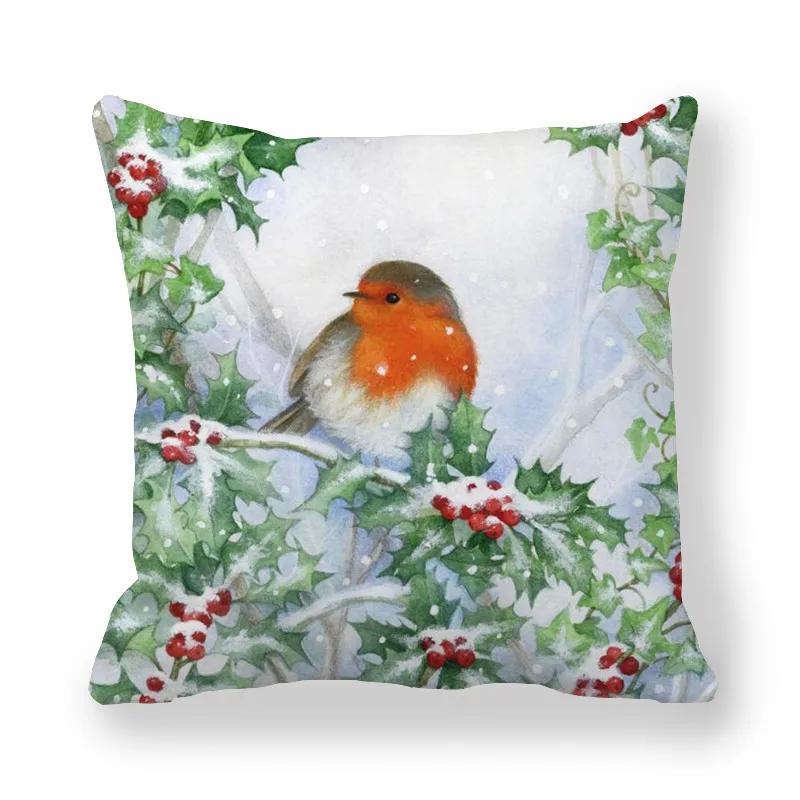 New Christmas Cushion Cover Print Robin Bird Pillow Navidad Gift Pillowcase Decoration