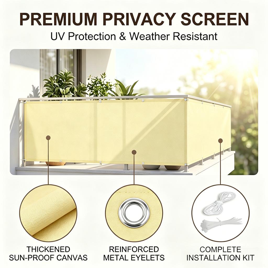 Balcony Privacy Screen, Outdoor Sunshade Fabric, Garden Fence Cover, Apartment Railing Protector with Rope Tie-Downs - Beige