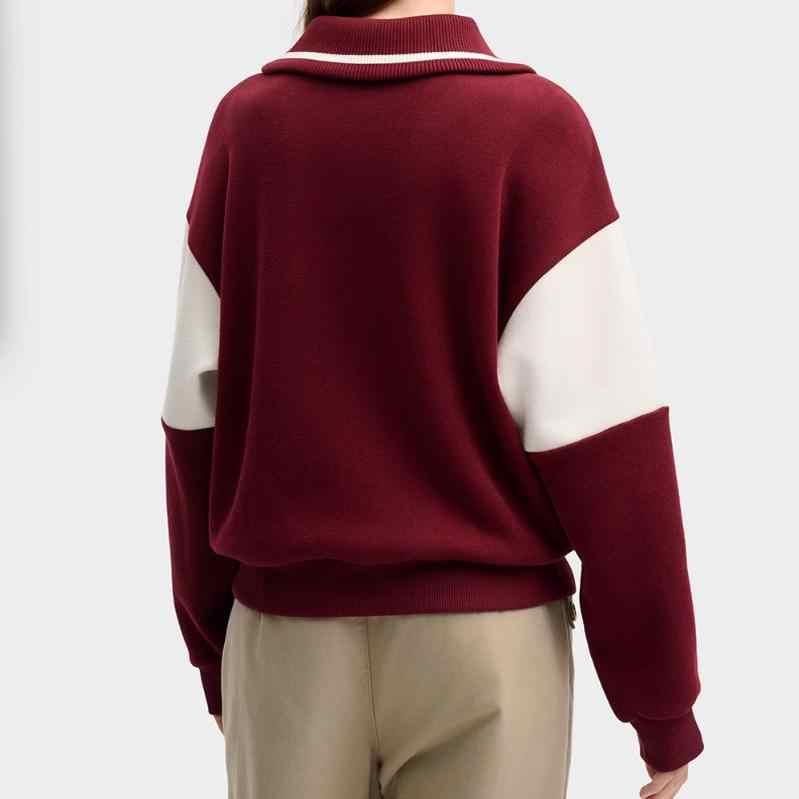FILA Fashion Polo Neck Letter Color Block Retro College Sweatshirt Women sweatshirt Light-Pink Wine-Red F11W519204FWI
