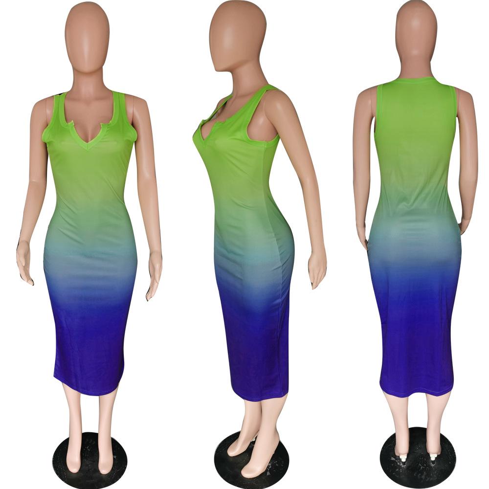 Sexy Gradient V-neck Bodycon Midi Dress - Elegant European & American Style Women's Clothing