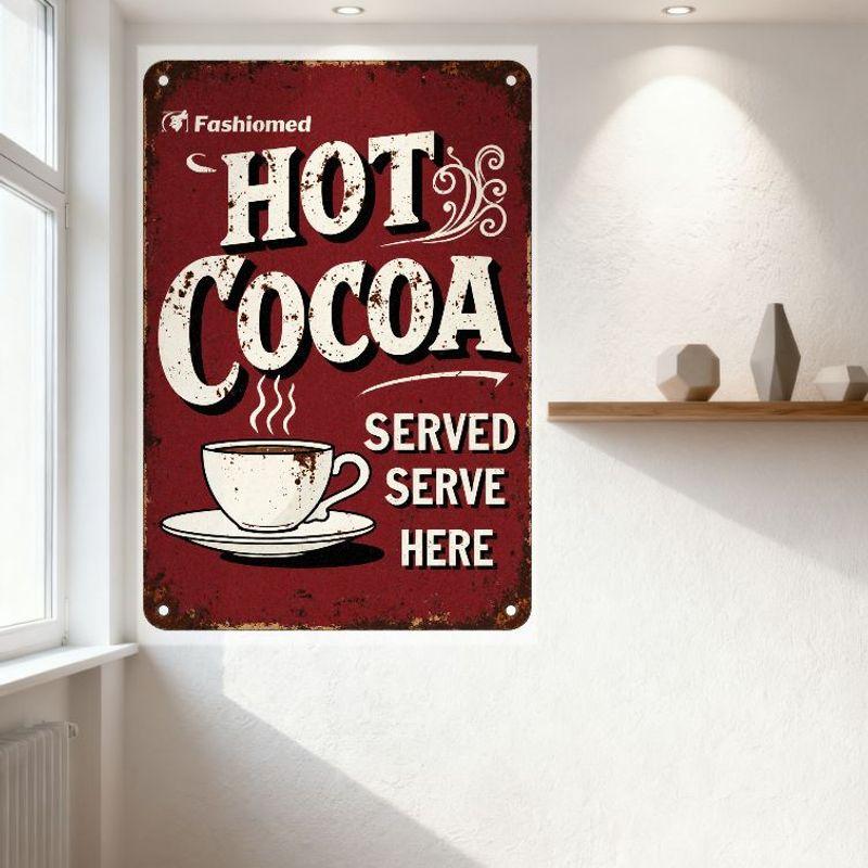 Vintage Rustic Hot Cocoa Metal Tin Sign with Distressed White Text & Coffee Cup Illustration - Fashioned Style Wall Plaque for C