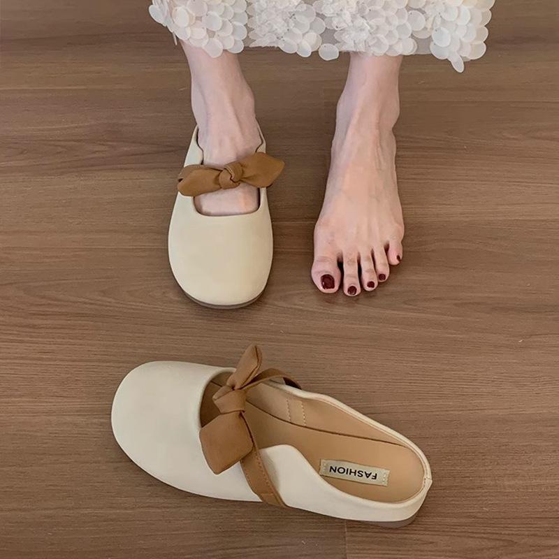 Baotou half slippers women's outer wear 2025 new summer explosion French fairy style bow soft bottom maternity sandals